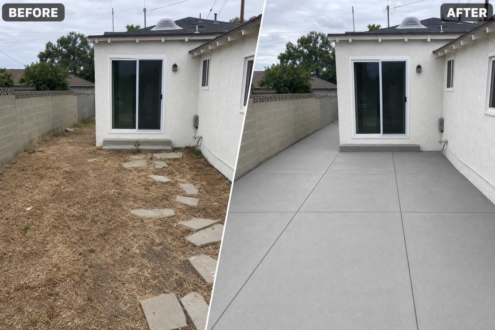 Before and after: a weedy dirt side yard replaced with a smooth, poured concrete surface