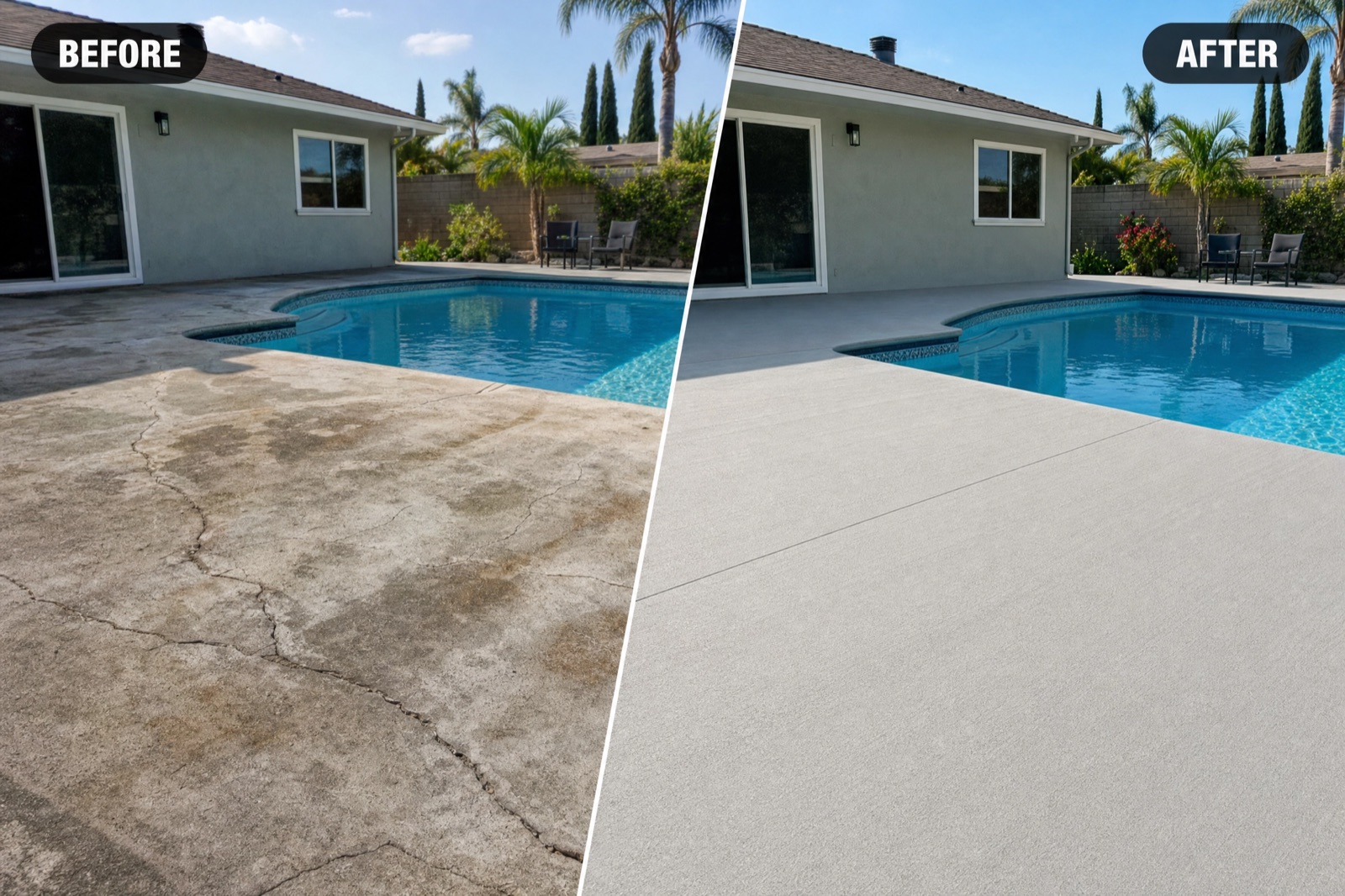 Before and after: a cracked pool deck resurfaced with a clean, textured finish